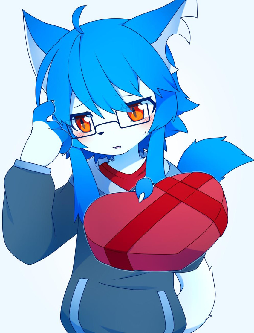 4_fingers abstract_background ahoge amber_eyes anthro biped blue_body blue_fur blue_hair blue_tail blush bodily_fluids box box_of_chocolates candy chocolate claws clothed clothing container daww dessert eyewear fingers food fur gesture gift gift_box glasses hair hand_gesture heart_box holding_box holding_container holding_gift holding_object hoodie kemono male monotone_hair multicolored_body multicolored_fur offering_gift open_mouth pockets pointing pointing_at_head pointing_at_self raised_tail red_clothing red_shirt red_topwear ribbons shirt shy simple_background solo standing sweat sweatdrop sweatshirt tail topwear two_tone_body two_tone_fur two_tone_tail white_background white_body white_fur white_tail young young_anthro devil-vox devy_(devil-vox) domestic_cat felid feline felis mammal 2019 digital_drawing_(artwork) digital_media_(artwork) hi_res