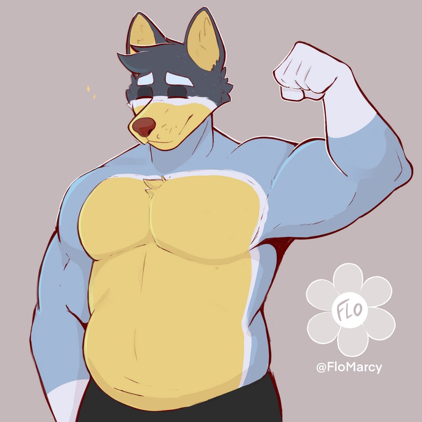 anthro belly blue_body eyes_closed flexing flexing_bicep male mature_male muscular overweight overweight_male pecs smile solo flomarcy bluey_(series) bandit_heeler australian_cattle_dog canid canine canis cattledog domestic_dog herding_dog mammal pastoral_dog 1:1 hi_res