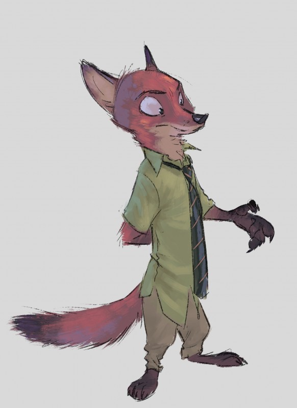 anthro barefoot biped claws clothed clothing dipstick_tail feet gloves_(marking) green_eyes hand_behind_back leg_markings male markings multicolored_tail necktie simple_background socks_(marking) solo standing tail tail_markings toe_claws white_background monoflax disney zootopia nick_wilde canid canine fox mammal red_fox true_fox 2018 absurd_res hi_res