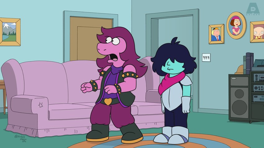 anthro armband bracelet clothed clothing duo female furniture humor jewelry male parody screencap screencap_background sofa spiked_armband spiked_bracelet spikes style_emulation victorydanceofc deltarune family_guy kris_where_are_we undertale_(series) chris_griffin kris_(deltarune) meg_griffin stewie_griffin susie_(deltarune) dinosaur human mammal prehistoric_species reptile scalie 16:9 2021 hi_res meme signature widescreen