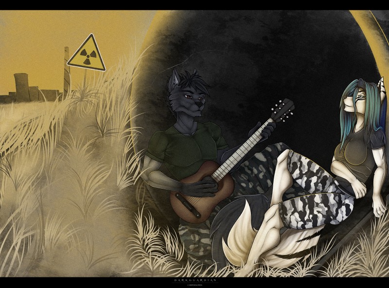 5_fingers anthro black_bars black_body black_fur black_hair black_nose blue_hair breasts clothed clothing duo female fingers fur grass grey_body grey_fur guitar hair hazard_symbol male muscular musical_instrument pale_eyes plant planted_sign playing_guitar playing_music plucked_string_instrument radiation_symbol sign sign_graphic signpost sitting string_instrument symbol warning warning_sign white_body white_fur dark_guardian_corporation canid canine canis domestic_dog mammal hi_res letterbox