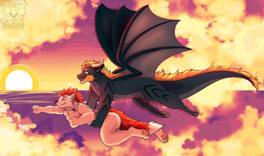 ambiguous_gender anthro blue_body carrying_another cloud duo flying hair jewelry necklace paws red_hair sea sky sun sunset tail water wings sharkall mythology canid canine canis dragon mammal mythological_creature mythological_scalie scalie wolf absurd_res hi_res