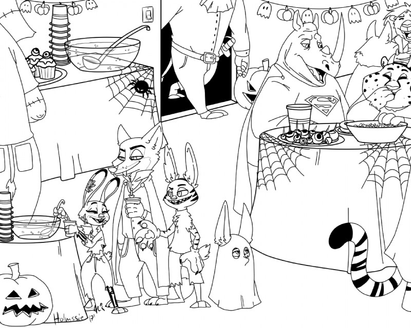 ambiguous_gender anthro bowl cape clothing container costume cup cupcake detailed_background eating fangs female food fruit group holding_container holding_cup holding_object holidays horn male melee_weapon open_mouth party pirate plant pumpkin punch_(drink) smile snack spider_web sword teeth text weapon holmssie disney halloween zootopia benjamin_clawhauser chief_bogo finnick_(zootopia) jack_savage judy_hopps nick_wilde officer_mchorn superman bovid bovine canid canine cape_buffalo cheetah felid feline fennec_fox fox ghost lagomorph leporid lion mammal pantherine rabbit rhinoceros spirit true_fox undead vampire zombie 5:4 black_and_white english_text monochrome