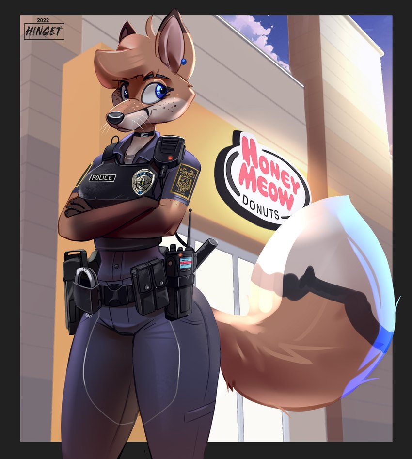 anthro black_border border bottomwear clothing cloud crossed_arms electronics female pants police police_officer police_uniform sign sky solo topwear uniform walkie-talkie hinget canid canine fox mammal 2022 artist_name hi_res watermark