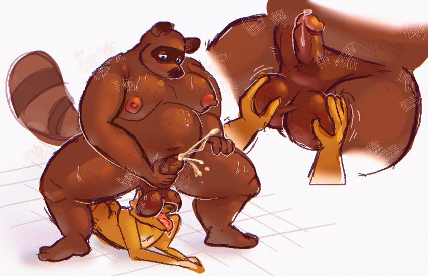 anthro ball_fondling balls balls_on_face belly bodily_fluids both_hands_on_balls brown_body brown_fur butt crouching cum cumshot duo ejaculation fondling foreskin fur genital_fluids genitals humanoid_genitalia humanoid_penis lying male male/male masturbation moobs navel nipples nude on_front orange_body orange_fur overweight penile penile_masturbation penis size_difference these_aren't_my_glasses matchaijuice animal_crossing nintendo crazy_redd tom_nook_(animal_crossing) canid canine fox mammal raccoon_dog tanuki hi_res