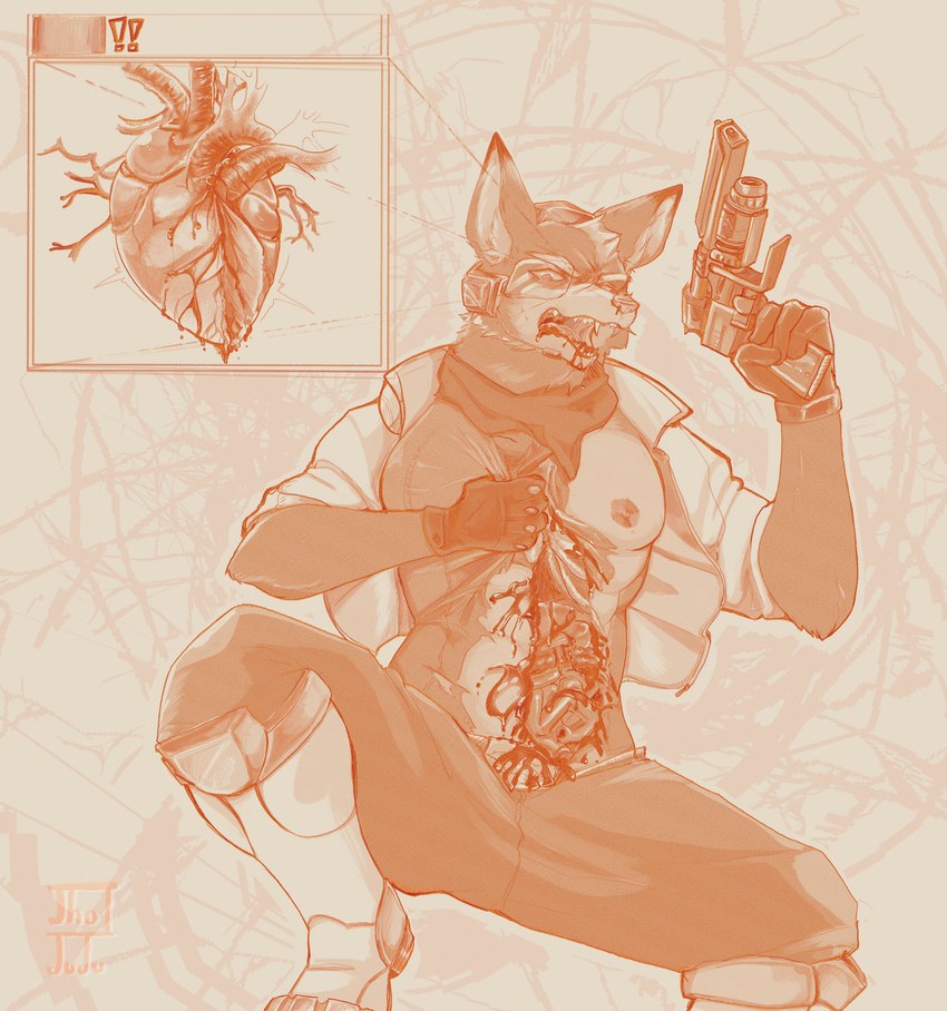 anthro blood blood_in_mouth bodily_fluids cardiophilia clothed clothing death_threat gore gun guts heart_symbol intestines male nipples open_clothing open_shirt open_topwear organs ranged_weapon shirt solo topwear weapon jhojuju nintendo star_fox fox_mccloud canid canine fox mammal hi_res sketch