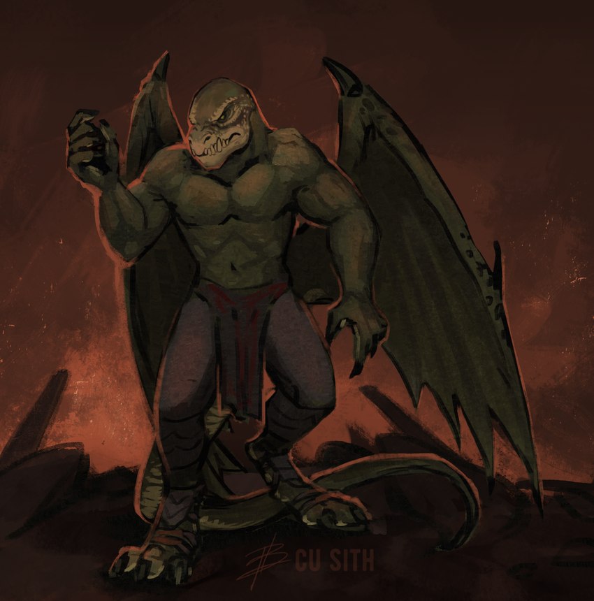 anthro bottomwear claws clothing feet fire foot_wraps green_body green_scales loincloth looking_down male membrane_(anatomy) membranous_wings muscular muscular_anthro muscular_male pants raised_arm scales spread_wings standing tail teeth wing_claws wings wraps cu_sith_(artist) sargorn scalie 2023 digital_media_(artwork) hi_res signature