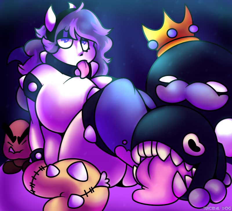 big_breasts breasts collar crown female grin group hair headgear horn huge_breasts hyper hyper_breasts long_hair looking_at_viewer purple_hair smile spiked_collar spikes teeth tongue razzlespup mario_bros nintendo king_bob-omb bob-omb chain_chomp goomba human living_bomb mammal waddling_head absurd_res hi_res