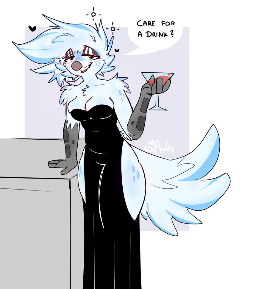 alcohol anthro beak beverage black_clothing black_dress blue_body breast_squish breasts claws clothed clothing container cup dress drinking_glass drunk female fluffy glass glass_container glass_cup glistening glistening_body inviting markings solo squish substance_intoxication white_body wine_glass ara_squawks arathemacaw hollow_hip_backless_chain_dress tyra_(arathemacaw) avian bird owl absurd_res hi_res