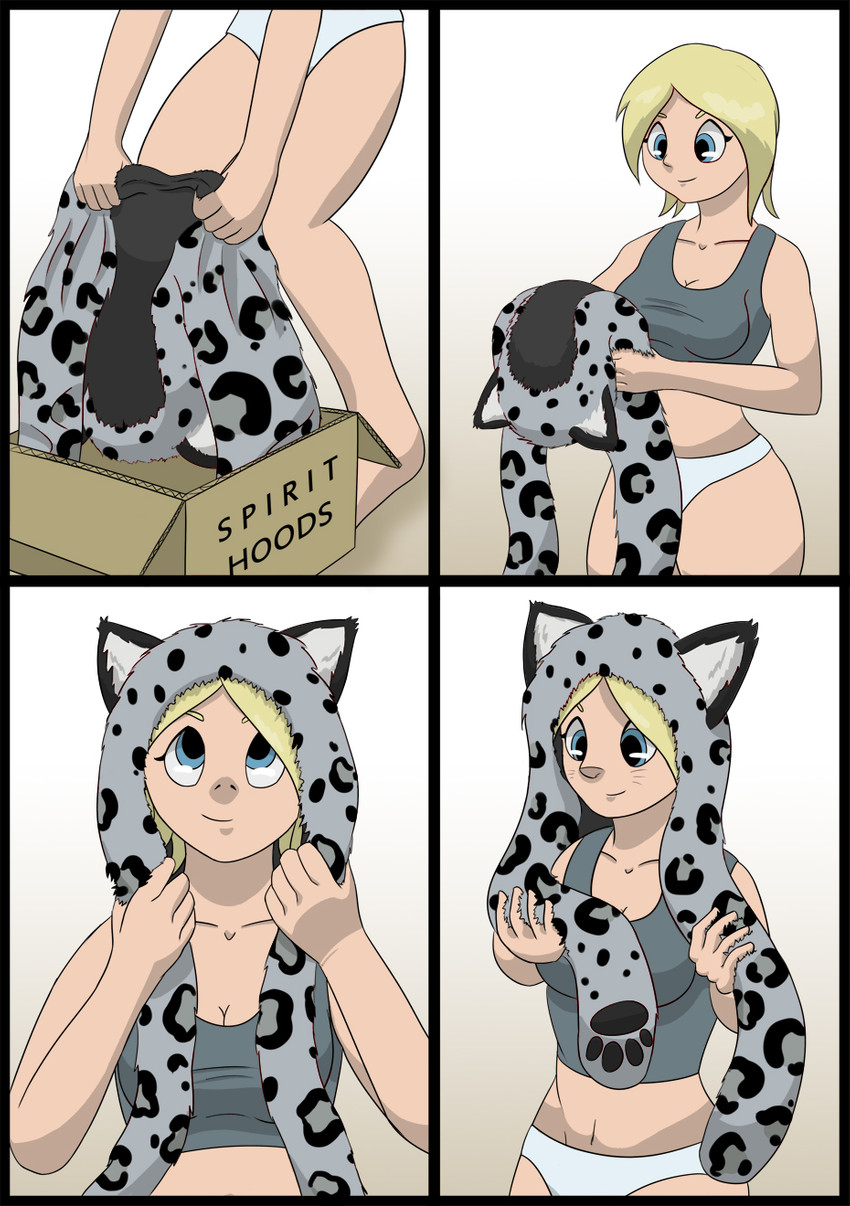 blonde_hair blue_eyes breasts clothing female growth hair hat headgear headwear human_to_feral navel shirt simple_background smile solo species_transformation tank_top topwear transformation underwear whisker_growth whiskers white_background oter animal_humanoid human humanoid mammal 2012 comic hi_res