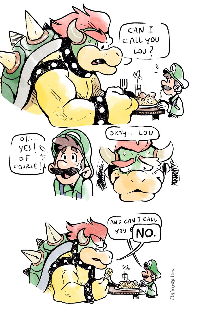 collar dating dialogue duo eye_contact food horn humor looking_at_another male male/male meatball pasta shell size_difference spaghetti spiked_collar spiked_shell spikes spikes_(anatomy) text flyingrotten mario_bros nintendo bowser luigi human koopa mammal scalie comic english_text hi_res