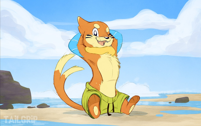 beach clothing cloud fur male open_mouth orange_body orange_fur outside rock sand seaside sitting sky solo swimming_trunks swimwear conditional_dnp tailgrip nintendo pokemon buizel generation_4_pokemon pokemon_(species) 2020