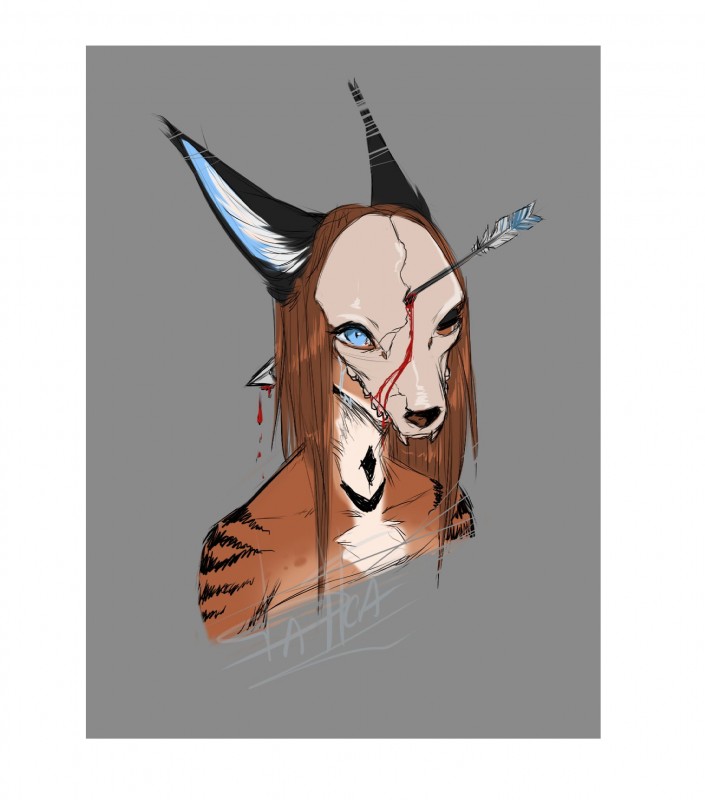 anthro arrow_(weapon) blood blue_eyes bodily_fluids bone border brown_hair crying female grey_background hair ranged_weapon shot_in_head simple_background skull skull_head solo tears weapon white_border dafka bufl_(dafka) caracal caracal_(genus) felid feline mammal 2019 digital_media_(artwork) headshot_portrait hi_res portrait