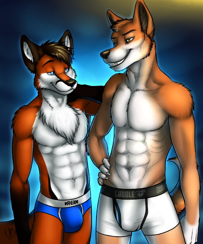 abs anthro athletic biceps black_body black_fur black_hair black_nose blue_clothing blue_eyes blue_underwear boxer_briefs briefs brown_body brown_eyes brown_fur brown_hair bulge chest_tuft claws clothed clothing duo fangs fur grin hair looking_down looking_up male male/male muscular navel orange_body orange_fur pecs pose romantic romantic_couple short_hair simple_background smile standing tail tan_body tan_fur teeth topless tuft underwear white_body white_clothing white_fur white_underwear vallhound aarondingo ajdingo chipfox dadingo canid canine canis dingo fox mammal red_fox true_fox 2013 digital_media_(artwork) hi_res portrait three-quarter_portrait