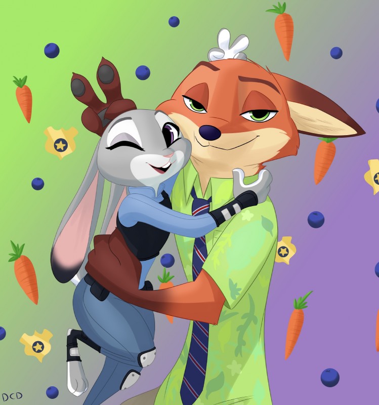 aloha_shirt anthro bunny_ears_(gesture) clothing duo female fur gesture hug male necktie one_eye_closed pattern_clothing pattern_shirt pattern_topwear shirt simple_background smile topwear uniform wink skelly_doll disney zootopia judy_hopps nick_wilde canid canine fox lagomorph leporid mammal rabbit red_fox true_fox 2018 digital_media_(artwork) hi_res