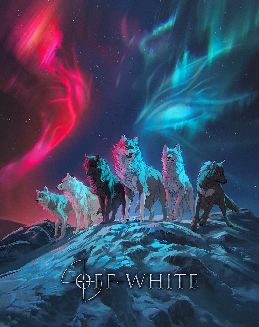 announcement aurora_(phenomenon) blue_eyes blue_hues cosmic_background ears_up female feral group male mountain red_eyes red_hue sky standing star starry_background starry_sky wolf_pack akreon european_mythology mythology norse_mythology off-white_(comic) off_white hati_(mythology) skoll_(mythology) canid canine canis mammal wolf