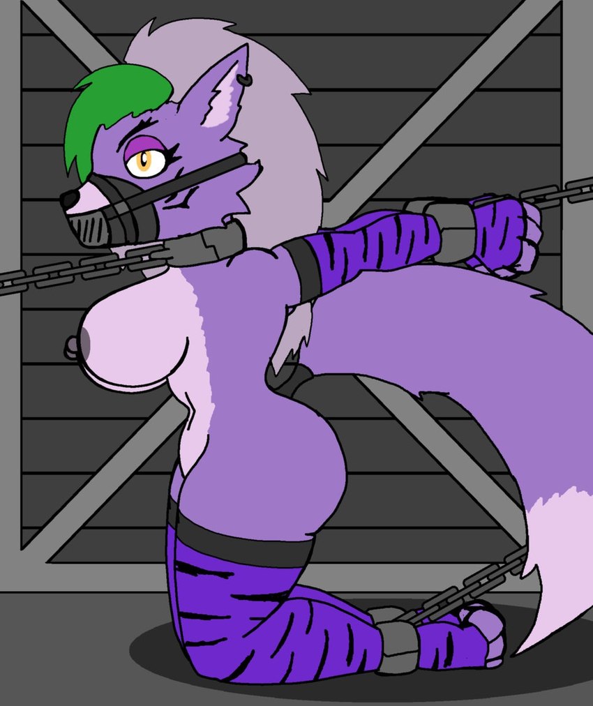 anthro areola bdsm big_breasts bondage bound breasts chain chained ear_piercing ear_ring female green_hair grey_areola grey_nipples hair kneeling looking_at_viewer multicolored_hair nipples piercing ring_piercing solo white_hair yellow_eyes nidrog five_nights_at_freddy's five_nights_at_freddy's:_security_breach scottgames steel_wool_studios roxanne_wolf canid canine canis mammal wolf 2022 hi_res