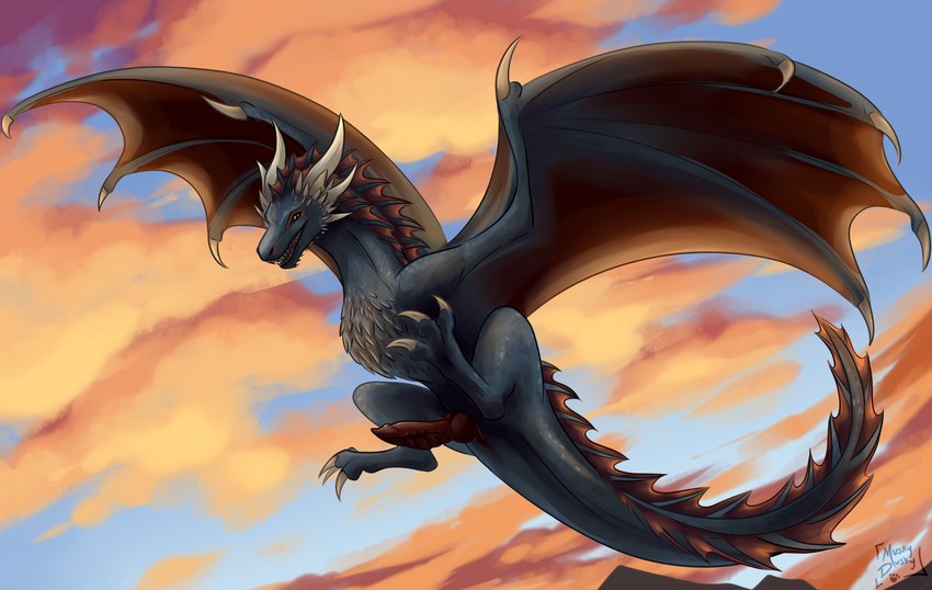 black_body black_scales cloud erection feral flying genitals horn knot knotted_penis male male_feral membrane_(anatomy) membranous_wings outside penis scales sharp_teeth solo sunset teeth wings muskydusky european_mythology game_of_thrones mythology drogon dragon mythological_creature mythological_scalie scalie western_dragon wyvern hi_res