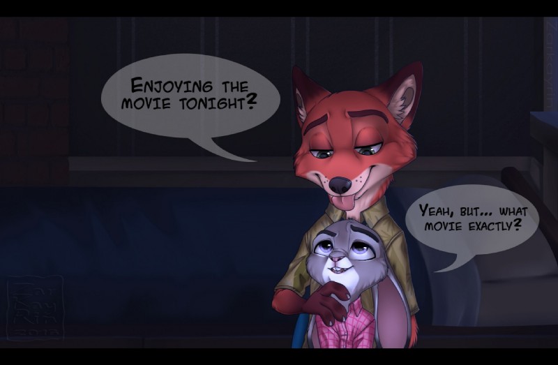 anthro bed black_bars black_nose clothed clothing dialogue duo female fur furniture green_eyes grey_body grey_fur half-closed_eyes inside looking_down looking_up male narrowed_eyes pink_nose purple_eyes red_body red_fur shirt size_difference speech_bubble text tongue tongue_out topwear zarkayrin disney zootopia judy_hopps nick_wilde canid canine european_rabbit fox lagomorph leporid mammal oryctolagus rabbit red_fox true_fox 2016 english_text letterbox