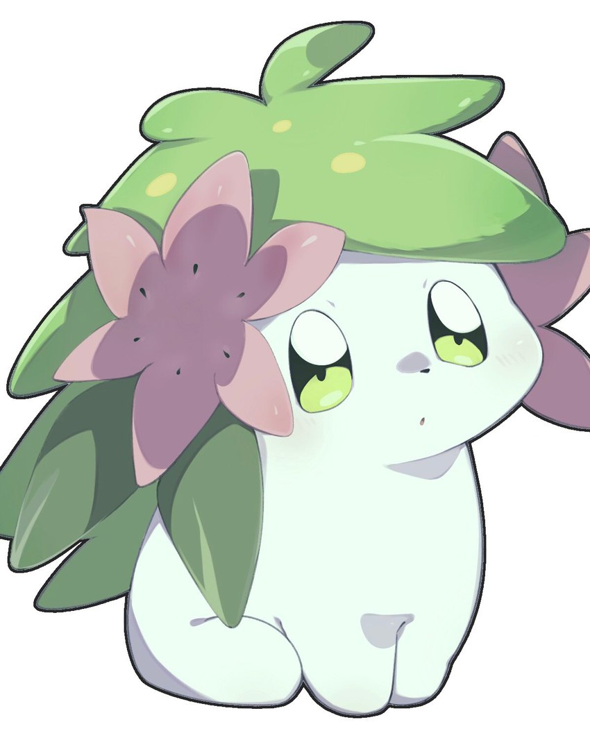 accessory ambiguous_gender chibi dot_nose feral flower flower_in_hair green_eyes green_hair hair hair_accessory kemono leaf looking_forward open_mouth plant simple_background sitting solo three-quarter_view toony white_background white_body umixign nintendo pokemon generation_4_pokemon land_forme_shaymin legendary_pokemon pokemon_(species) shaymin 2023 digital_media_(artwork) full-length_portrait hi_res portrait