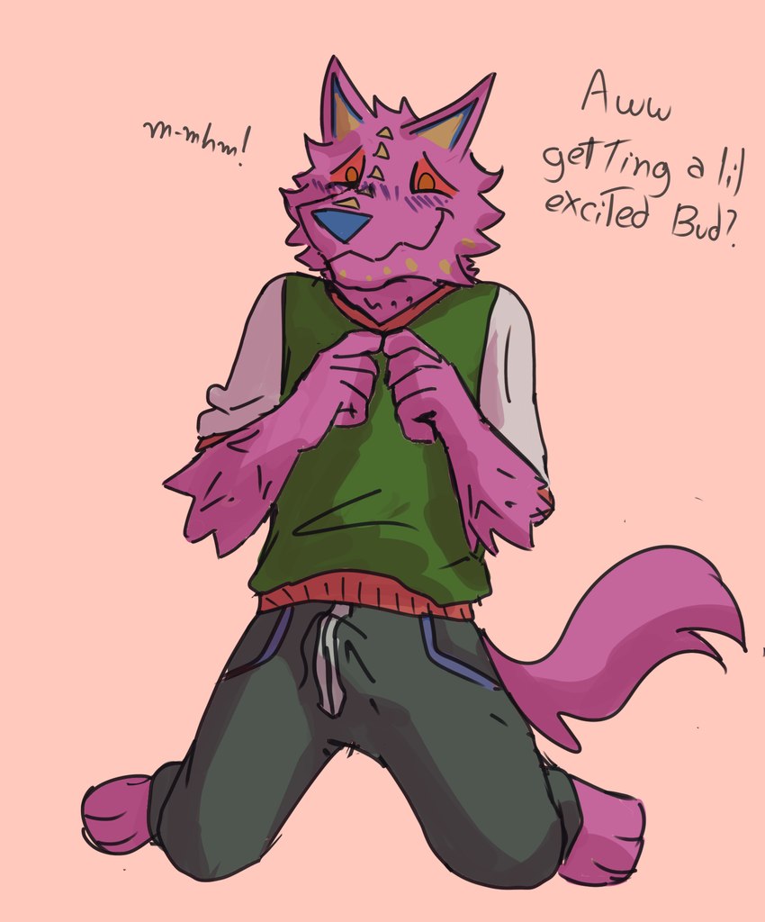 anthro blush clothed clothing embarrassed erection erection_under_clothing fur kneeling male pink_body pink_fur red_eyes smile solo text shov_16 epic_games fortnite andy_fangerson alebrije canid canine canis mammal wolf hi_res