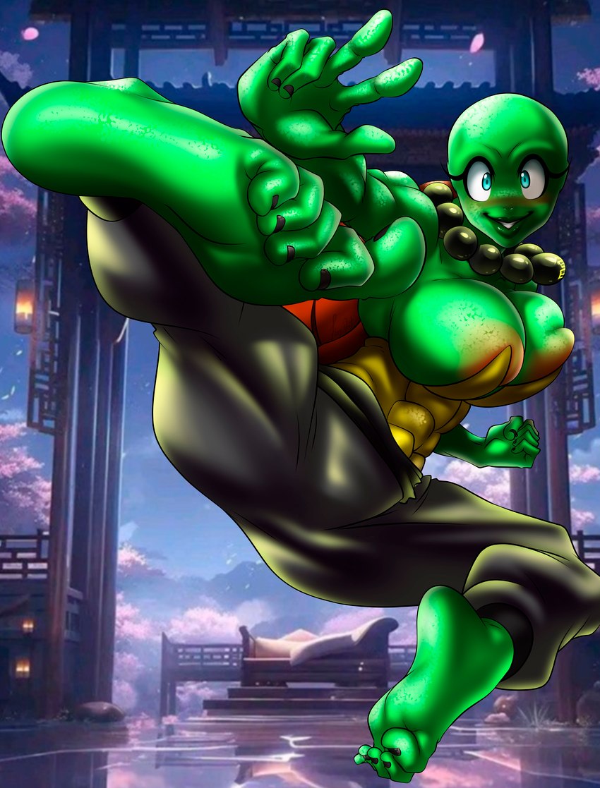 anthro barefoot big_breasts breasts clothed clothing curling_toes feet female flying_kick foot_focus gem gesture green_body hand_gesture humanoid_feet jewelry kick martial_artist martial_arts midair muscular muscular_female necklace pearl_(gem) pearl_necklace plantigrade smile soles solo toes v_sign foxyart doctor_glitch_characters monaka_(doctor_glitch) reptile scalie sea_turtle turtle absurd_res hi_res