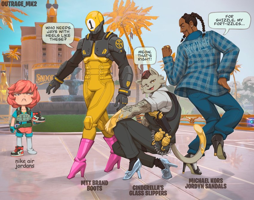 anthro blind_eye braided_hair clothed clothing crossdressing dark_body dark_skin dialogue eye_scar facial_scar female footwear gold_(metal) group hair high_heels looking_at_viewer male scar shoes speech_bubble tattoo text outrage_mk2 epic_games fortnite jordan_(brand) nike snoop_dogg 1-ball_(fortnite) meowdas meowscles snoop_dogg_(character) undercover_skye_(fortnite) domestic_cat felid feline felis human mammal english_text hi_res