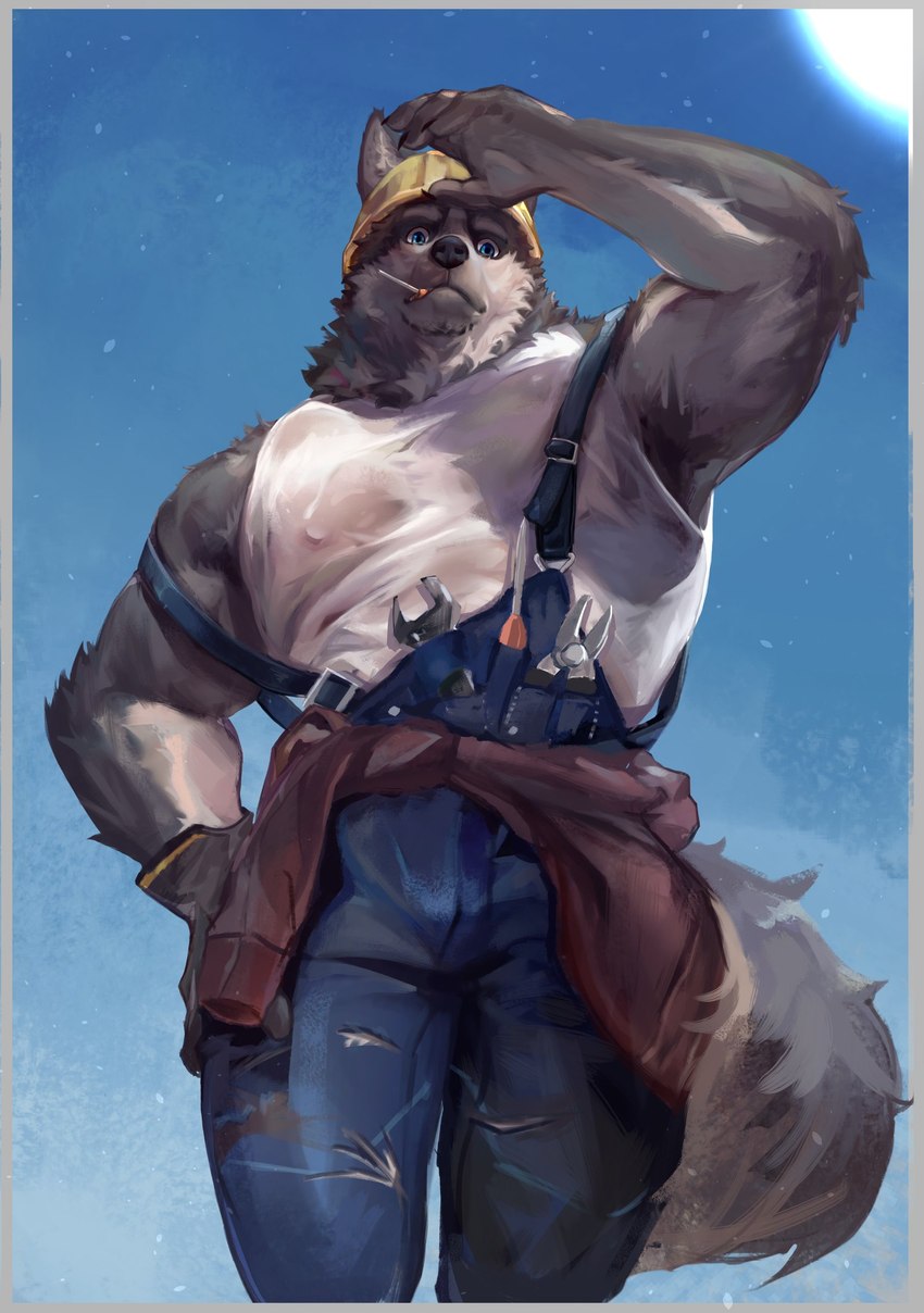 anthro armor armpit_hair big_muscles body_hair bottomwear candy clothing denim denim_bottomwear denim_clothing dessert engineer_(profession) fluffy fluffy_tail food front_view fur gloves grey_body grey_fur handwear hard_hat headgear helmet jacket_belt jeans lollipop looking_at_viewer looking_down looking_down_at_viewer looming low-angle_view male muscular muscular_male nipple_outline overalls pants screwdriver shirt solo tail tank_top technician tools topwear white_clothing white_shirt white_tank_top white_topwear wrench wuqianlong576 canid canine canis mammal wolf 2022 hi_res