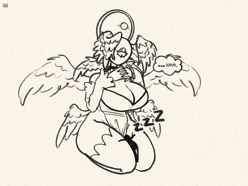 anthro big_breasts breasts clothed clothing cross dialogue duo female fur halo jewelry kneeling male male/female multi_wing necklace partially_clothed simple_background size_difference sleeping wings ghoulishgourd horniel_(thouartphi) angel biblically_accurate_angel human mammal seraph_(angel) 4:3 hi_res