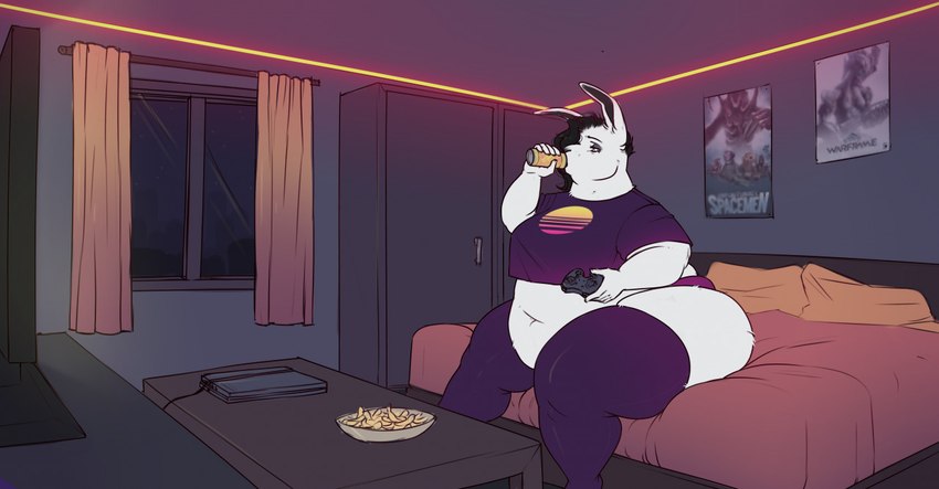 anthro bed bedroom belly belly_overhang beverage big_belly big_butt black_hair butt clothing controller crop_top curtains detailed_background dresser drinking electronics female food fur furniture game_console game_controller hair holding_beverage holding_object led_light legwear long_hair navel obese obese_anthro obese_female on_bed overweight overweight_anthro overweight_female panties pillow purple_clothing purple_crop_top purple_legwear purple_panties purple_shirt purple_thigh_highs purple_topwear purple_underwear shirt sitting sitting_on_bed solo table television thick_thighs thigh_highs topwear underwear wardrobe white_body white_fur wide_hips window aucherr lagomorph leporid mammal rabbit 2022