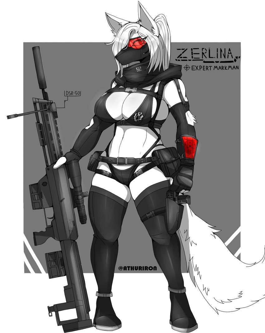 anthro belt big_breasts black_latex breasts clothing dsr-50 eyewear faceplate female fur gloves goggles gun hair handwear hoodie latex mask military pistol_holster radar ranged_weapon red_eyewear red_goggles rifle rubber_clothing silencer simple_background sniper_rifle solo thick_thighs topwear weapon white_body white_fur white_hair wrist_computer 9live zerlina canid canine fox mammal absurd_res hi_res