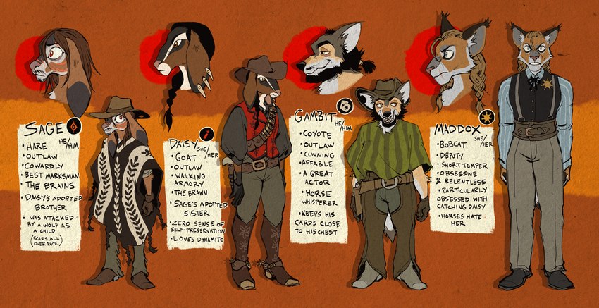 anthro beard belt black_beard black_facial_hair black_hair black_mustache blonde_hair blue_eyes boots braces_(clothing) braided_hair braided_pigtails braided_ponytail brown_eyes cartridge_belt clothing cowboy_boots cowboy_hat cowboy_outfit deputy ear_piercing facial_hair facial_scar female floppy_ears footwear gloves group grumpy gun gun_belt hair handgun handwear hat headgear headwear long_ears looking_at_viewer male mustache piercing pigtails poncho ponytail ranged_weapon red_eyes revolver scar scars_all_over shirt shoes smile spurs text topwear vest weapon western wild_west yellow_eyes tuherrus daisy_(tuherrus) gambit_(tuherrus) maddox_(tuherrus) sage_(tuherrus) bobcat bovid canid canine canis caprine coyote felid feline goat hare lagomorph leporid lynx mammal english_text hi_res