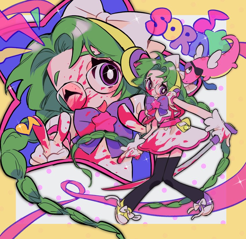 abstract_background alternative_fashion ambiguous_gender blood blood_splatter bodily_fluids braided_pigtails clothing countershading dress duo electronics eye_patch eyewear female feral footwear gesture glasses green_hair guro_lolita hair hand_gesture holding_melee_weapon holding_object holding_sword holding_weapon human_focus j-fashion legwear lolita_(fashion) magical_girl_outfit melee_weapon musical_note musical_symbol necktie not_furry_focus one_eye_closed pigtails pink_body pink_scales portable_music_player ribbons scales shoes sneakers socks superflat sword symbol thigh_highs thigh_socks tongue tongue_out v_sign weapon wings wink kerbe_(artist) human mammal reptile scalie 2023 absurd_res colorful_theme hi_res