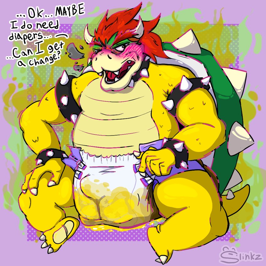 abdl anthro bodily_fluids diaper diaper_change_request diaper_tent diaper_use embarrassed erection erection_in_diaper fart feces genital_fluids male smelly soiled_diaper solo stink_fumes tenting text unclean_diaper urine used_diaper wet slinkzstinkz mario_bros nintendo bowser koopa scalie 1:1