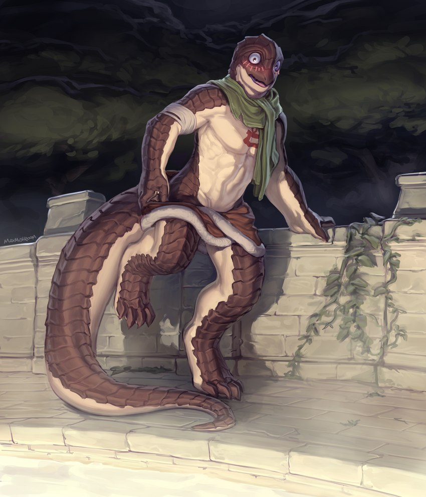 anthro clothed clothing digitigrade embarrassed hot_spring ivy_(plant) low_wall male onsen partially_clothed solo stone_floor stone_wall surprised_face undressing wall_(structure) water maxmushroom overlord_(series) zaryusu_shasha lizardman lizardman_(overlord) reptile scalie absurd_res digital_media_(artwork) hi_res shaded