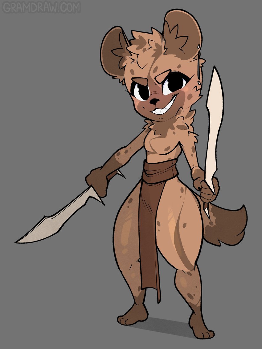 5_fingers alternate_costume ambiguous_gender anthro bottomwear brown_body brown_bottomwear brown_clothing brown_ears brown_fur brown_inner_ear brown_loincloth brown_tail clothed clothing dual_wielding fingers fur grey_background holding_melee_weapon holding_object holding_sword holding_weapon loincloth loincloth_only melee_weapon narrowed_eyes sharp_teeth simple_background skimpy smile standing sword tail teeth thick_thighs topless weapon gramdraw gnoll hyena mammal 2024 3:4 absurd_res digital_drawing_(artwork) digital_media_(artwork) full-length_portrait hi_res portrait