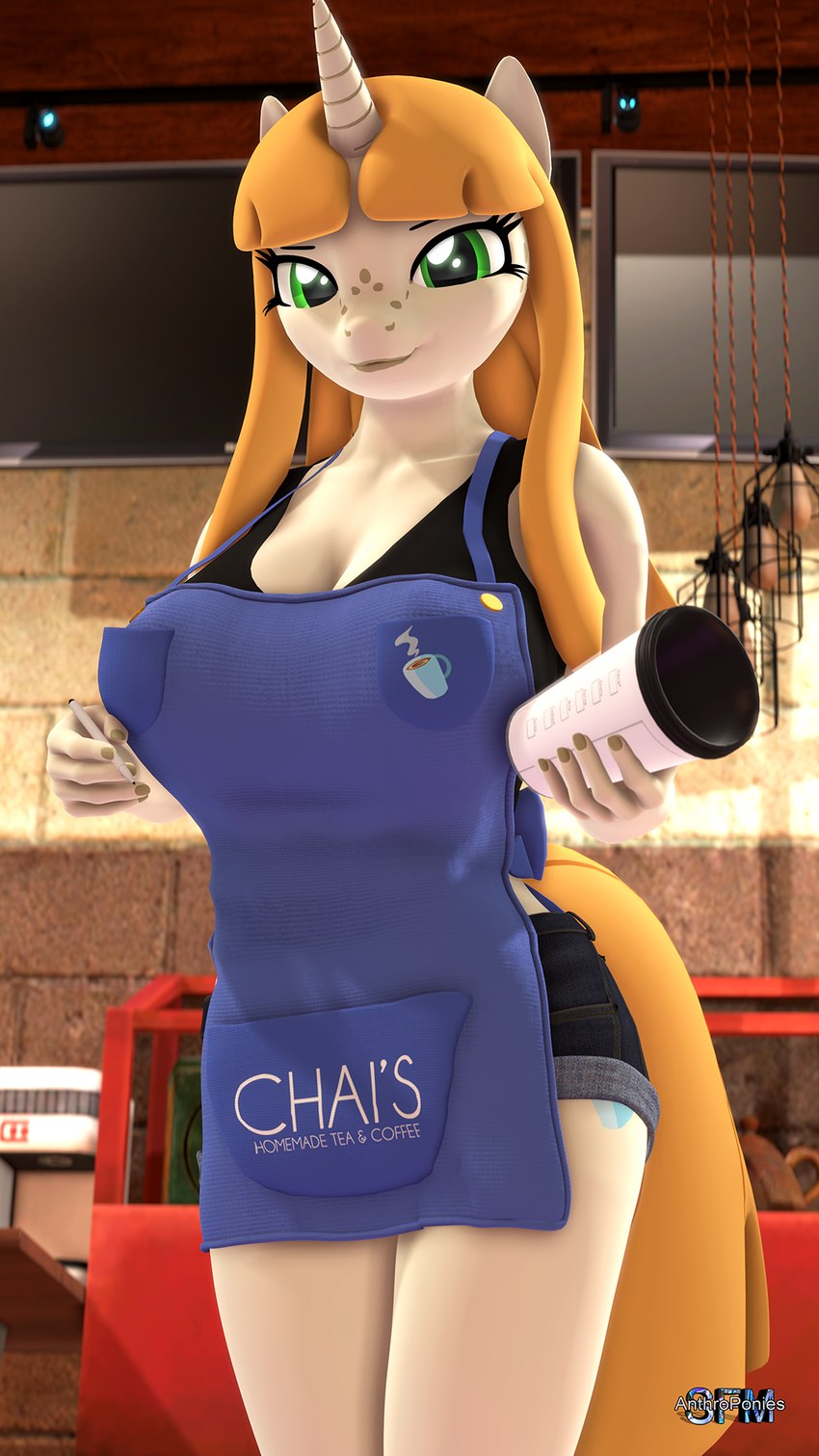 anthro apron bottomwear breasts cleavage clothed clothing coffee_cup container cup female freckles green_eyes hair holding_container holding_cup holding_object horn inside looking_at_viewer orange_hair pen shirt shorts solo tank_top topwear writing_utensil anthroponiessfm hasbro i_mean_breast_milk my_little_pony mythology chai_malai equid equine mammal mythological_creature mythological_equine unicorn 3d_(artwork) 9:16 digital_media_(artwork) hi_res meme source_filmmaker_(artwork)