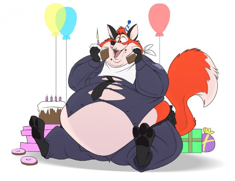 anthro balloon belly big_belly biped birthday birthday_cake button_(fastener) cake candle chubby_cheeks clothed clothing dessert doughnut eating food fur gift hat headgear headwear holding_food holding_object inflatable male midriff moobs necktie obese obese_anthro obese_male open_mouth open_smile orange_body orange_fur overweight overweight_anthro overweight_male pastry sitting smile solo straining_buttons thick_thighs white_body white_fur jargonicedragon artfulreggie canid canine fox mammal