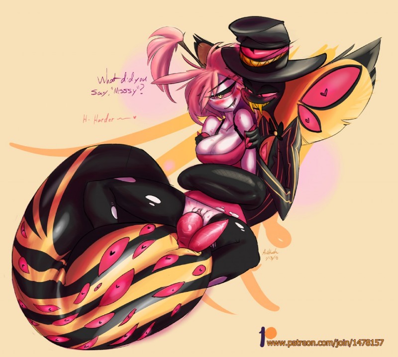 cherri bomb, sir pentious' hat, and sir pentious (hazbin hotel) created by artblush