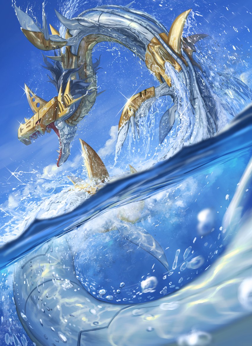 ambiguous_gender bubble cloud day open_mouth partially_submerged solo teeth water wet supearibu bandai_namco digimon digimon_(species) metalseadramon sea_serpent 2021 hi_res