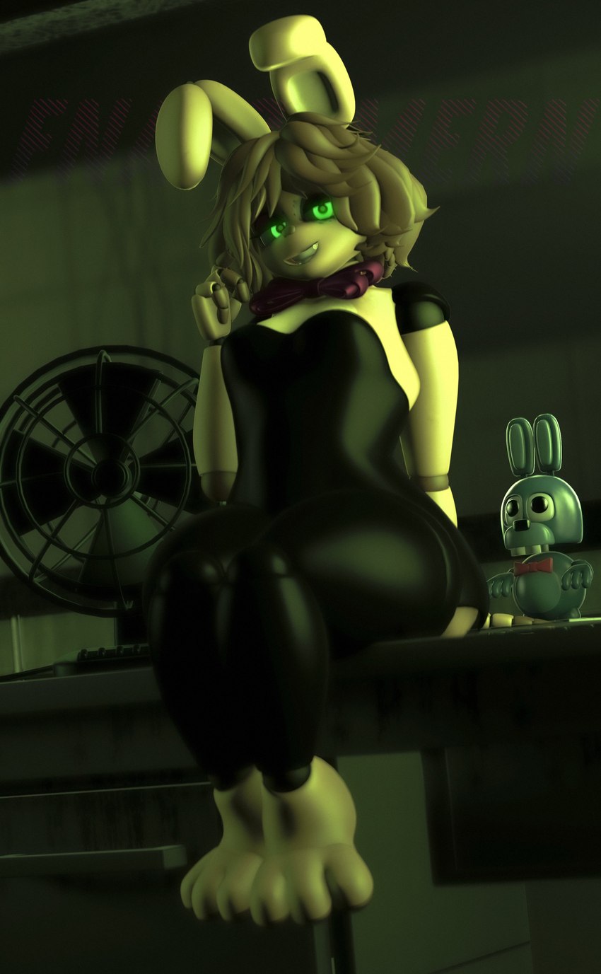 anthro black_clothing black_leotard bow_tie clothing femboy furniture glowing glowing_eyes green_eyes hair legs_together leotard machine male office on_table short_hair sitting sitting_on_table sleeveless smile smiling_at_viewer solo spring_bonnie_(mishuuyu) table teeth fnafgamern five_nights_at_freddy's scottgames spring_bonnie_(fnaf) animatronic lagomorph leporid mammal rabbit robot robot_anthro 3d_(artwork) absurd_res digital_media_(artwork) hi_res source_filmmaker_(artwork) watermark