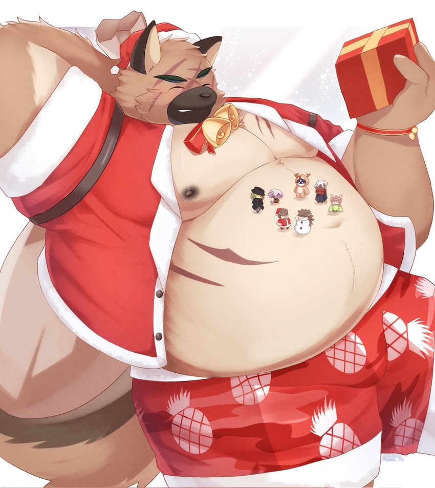 anthro belly big_belly bottomwear christmas_clothing christmas_headwear clothing eyes_closed group hat headgear headwear holidays kemono male micro moobs nipples overweight overweight_male santa_hat scar shorts sora_idiotka christmas lifewonders tokyo_afterschool_summoners yasuyori_(tas) canid canine canis domestic_dog mammal 2022 hi_res