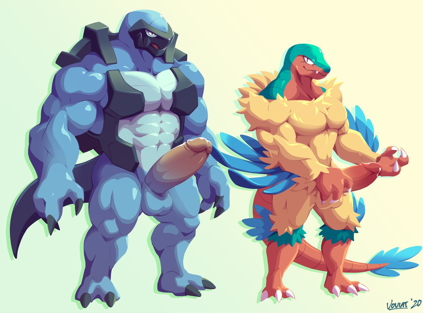 abs anthro anthrofied balls duo erection front_view genitals humanoid_genitalia humanoid_penis male muscular muscular_male pecs penis simple_background standing voviat nintendo pokemon archeops avian carracosta fossil_pokemon generation_5_pokemon pokemon_(species) reptile scalie 2020 alternate_version_at_source hi_res