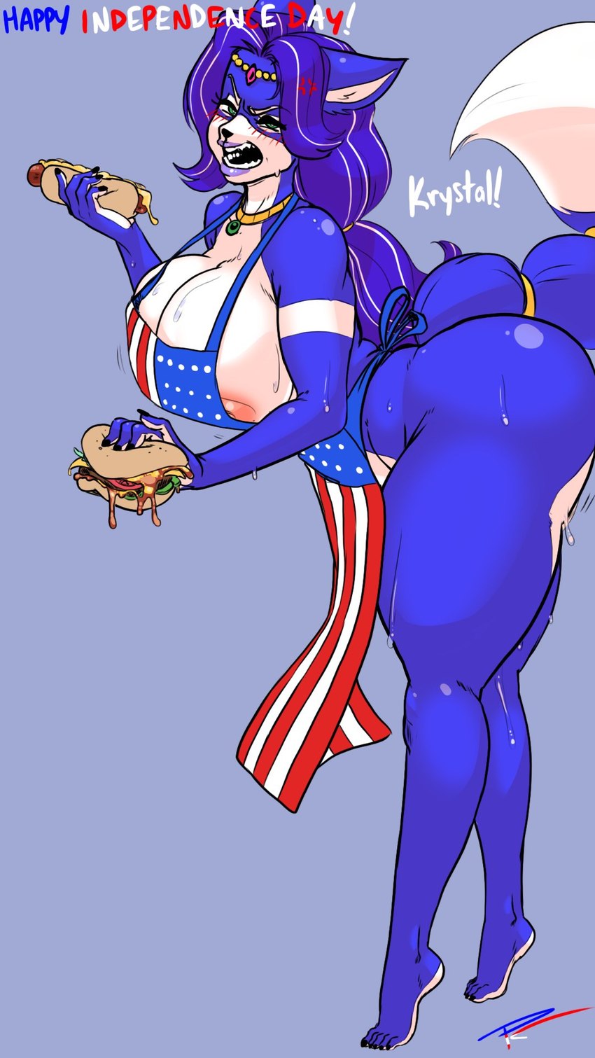 accessory aged_up american_flag anthro apron barefoot bent_over big_breasts blue_body blue_fur blue_hair blush bodily_fluids breasts burger clothing cross-popping_vein feet female food fur furgonomics green_eyes hair holding_food holding_object holidays hot_dog huge_breasts jewelry long_hair looking_at_viewer mature_anthro mature_female multicolored_body multicolored_fur necklace nipple_slip nipples pink_nipples ring secretly_loves_it solo sweat tail tail_accessory tail_jewelry tail_ring text thick_thighs two_tone_body two_tone_fur united_states_of_america white_body white_fur fakeryway 4th_of_july nintendo star_fox krystal_(star_fox) canid canine fox mammal 2024 9:16 english_text hi_res