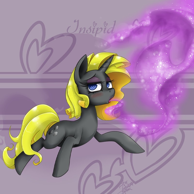 blonde_hair blue_eyes blush cutie_mark evil_counterpart female feral hair half-closed_eyes horn looking_at_viewer narrowed_eyes smile smoke solo starlight_spark hasbro my_little_pony mythology fan_character equid equine mammal mythological_creature mythological_equine unicorn 1:1 2012