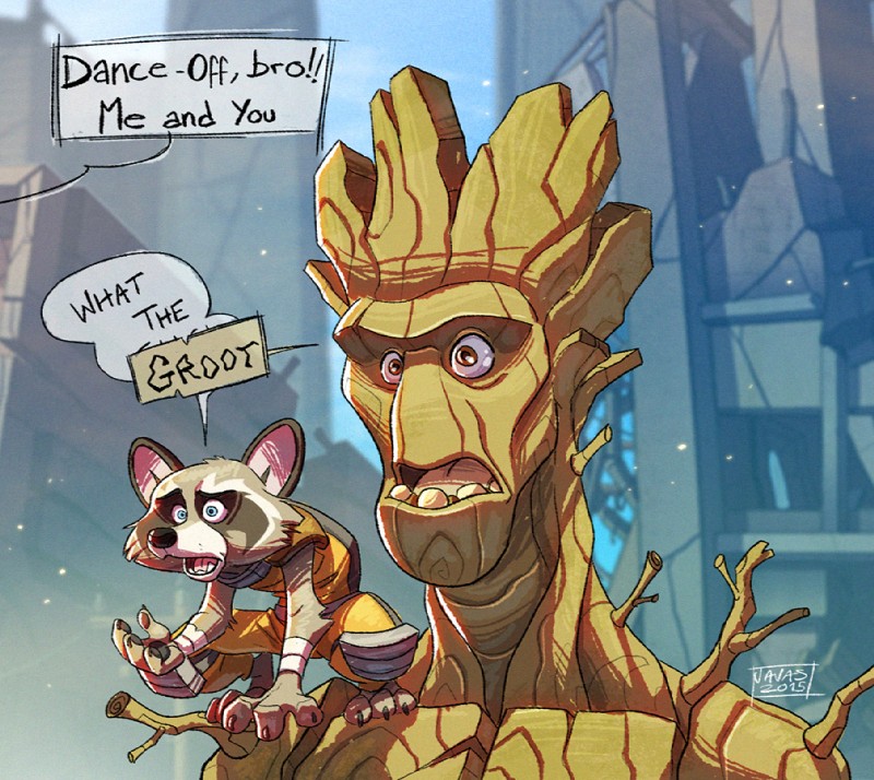 3_toes 4_fingers anthro barefoot blue_eyes brown_eyes claws clothed clothing confusion detailed_background dialogue duo feet fingers fur jumpsuit male offscreen_character open_mouth plant speech_bubble teeth text toe_claws toes tree javas guardians_of_the_galaxy marvel groot rocket_raccoon elemental_creature elemental_humanoid flora_colossus flora_fauna humanoid mammal plant_humanoid procyonid raccoon 2015 english_text