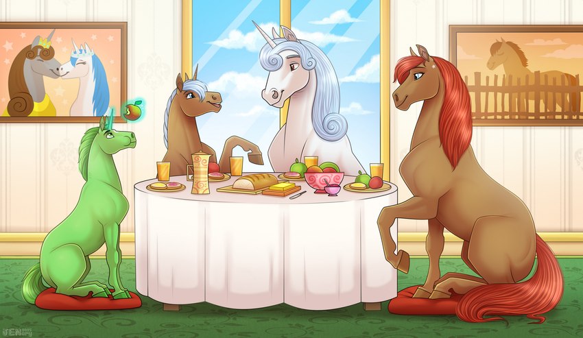 ambiguous_gender apple blue_eyes blue_hair blue_mane bowl bread brown_body brown_eyes brown_hair brown_mane butter container crown dairy_products eating_apple eyebrows fence feral food fruit furniture glass green_body green_hair green_mane green_tail grey_body grey_hair grey_mane group hair headgear hooves horn inside knife looking_at_another looking_down looking_up mane open_mouth painting pillow plant raised_leg red_hair red_mane red_tail sitting smile table tail text white_body window jenery mythology equid equine horse mammal mythological_creature mythological_equine unicorn 2025 artist_name digital_media_(artwork) english_text hi_res watermark