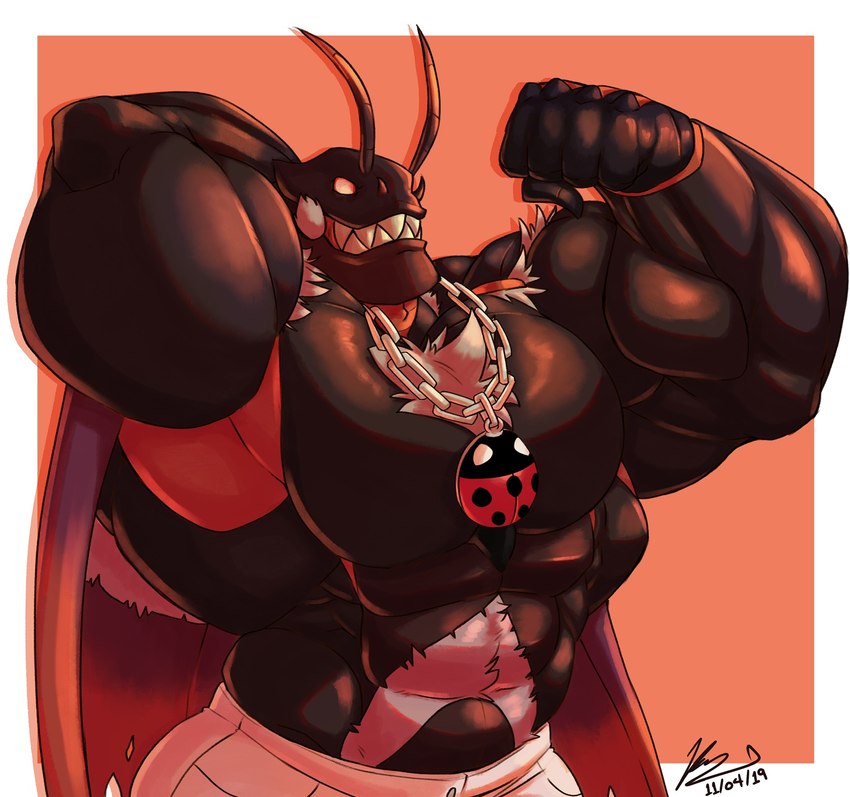 abs antennae_(anatomy) anthro bottomwear brown_body chain chest_fur chest_tuft clay clothing denim denim_bottomwear denim_clothing flexing hand_behind_head holes_on_wings hyper jeans jewelry male muscular muscular_anthro muscular_male necklace orange_body pants pecs smile solo teeth top_heavy tuft yongdasom nezahualcoyotl arthropod beetle cucujoid insect ladybug hi_res