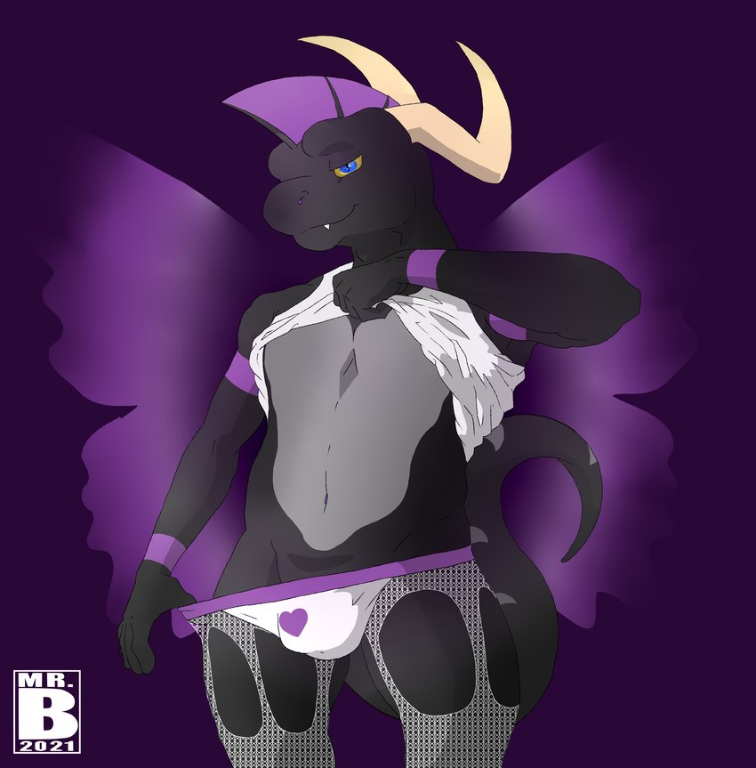 anthro black_body black_scales blue_eyes bulge clothing horn insect_wings jockstrap lepidopteran_wings male purple_wings scales sensual shirt solo tail topwear underwear white_clothing white_shirt white_topwear white_undergarments white_underwear wings yellow_sclera mr.brapion mythology brapion dragon lizard mythological_creature mythological_scalie reptile scalie absurd_res hi_res