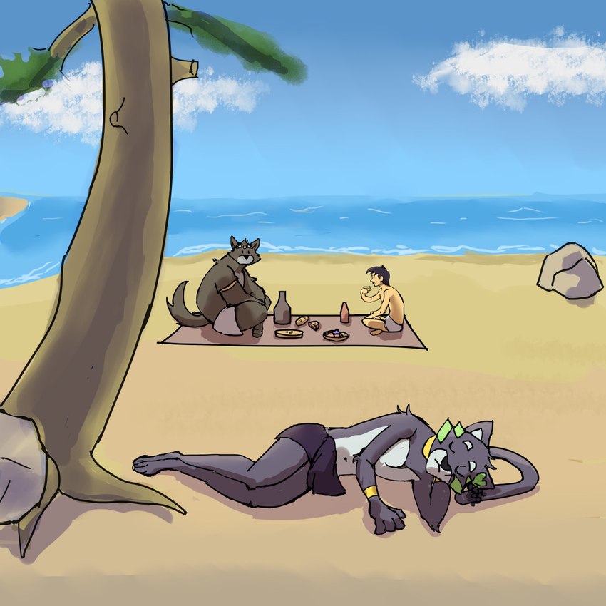 alcohol anthro beach beachside beverage blue_sky cloud crossed_legs eyeing food group male male/male napping picnic picnic_blanket plant seaside sitting sky sleeping tree water wine wine_bottle sunkinie1_(artist) adastra adastra_(series) echo_project alexios_(adastra) amicus_(adastra) marco_(adastra) canid canine canis domestic_cat felid feline felis human mammal wolf 1:1 hi_res